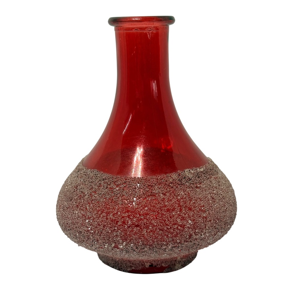 Vintage Red Glass Bud Vase with Textured Sugar Bead Base Mid Century Modern